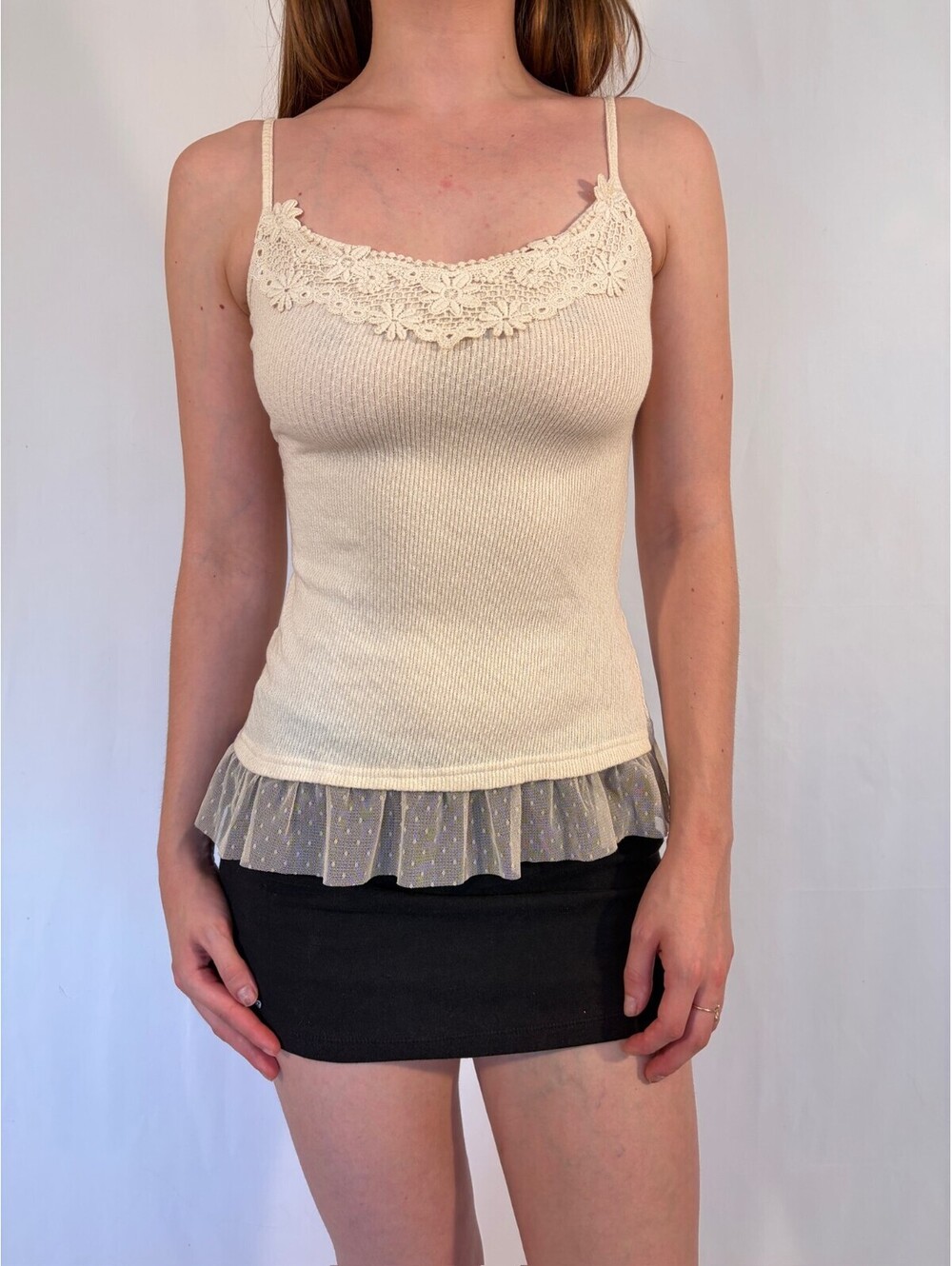 Cream White Dainty Floral Embroidered Tulle Cami Vintage Top